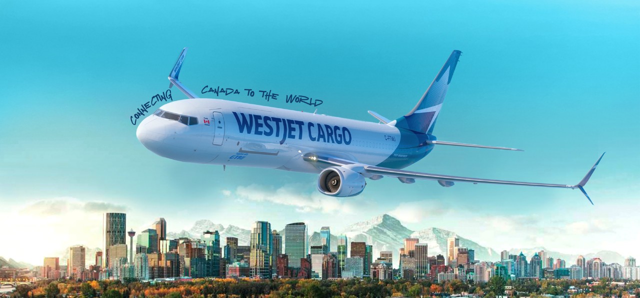 WestJet Cargo aircraft flying above the Calgary skyline