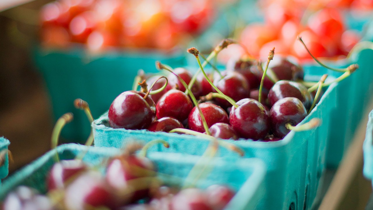 Bunch of cherries in a box